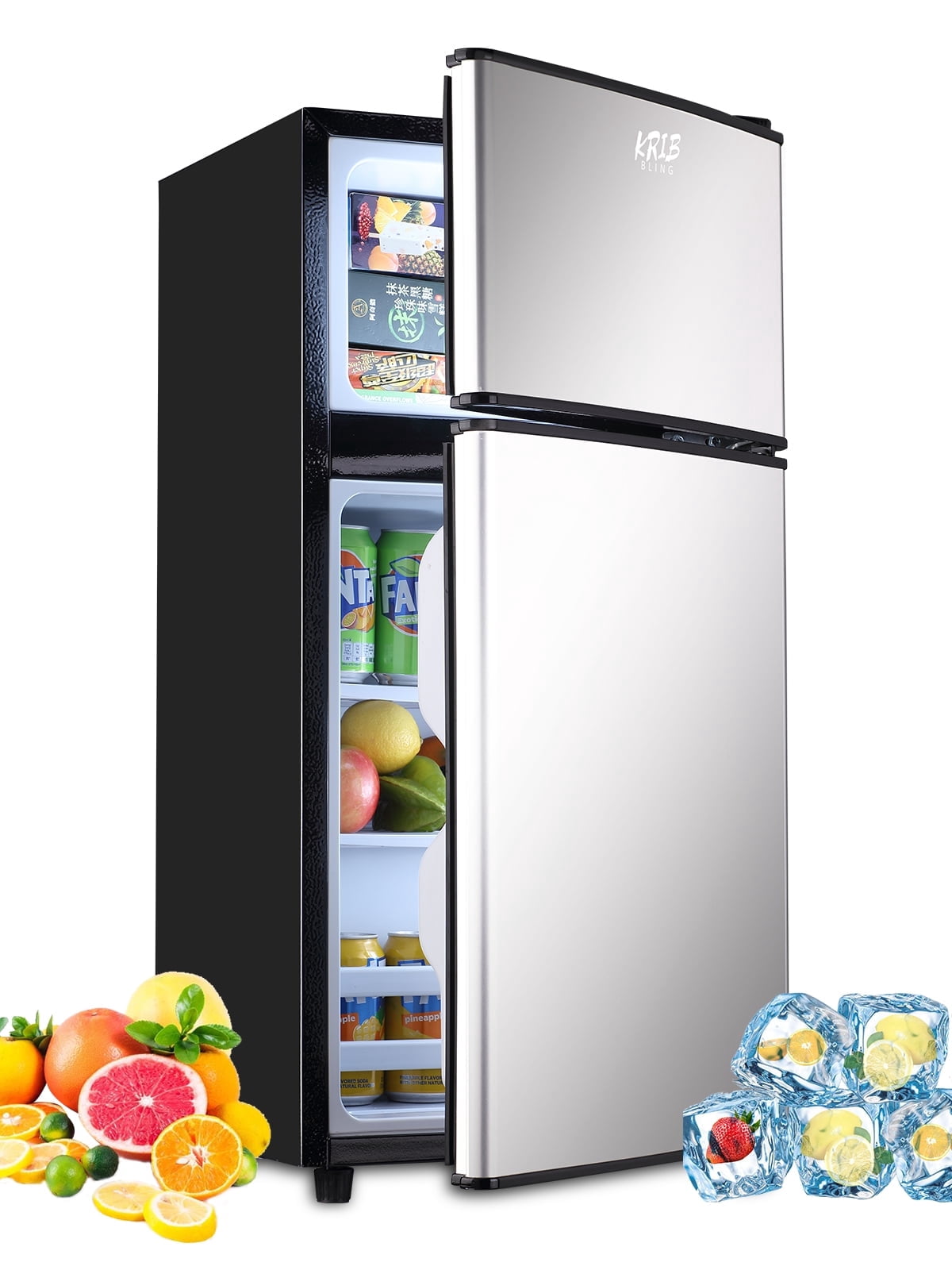 Krib Bling Compact Refrigerator 3.5 Cu.ft, Mini Fridge with Freezer,  Small refrigerator with Dual Door, 7 Level Temperature, for Dorm, Apartment, Silver