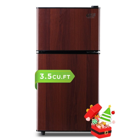 Krib B Compact Refrigerator 3.5 Cu.ft, Mini Fridge with Freezer, Modern Fridge with Dual Door, 7 Grade Temperature Adjustment, Wood