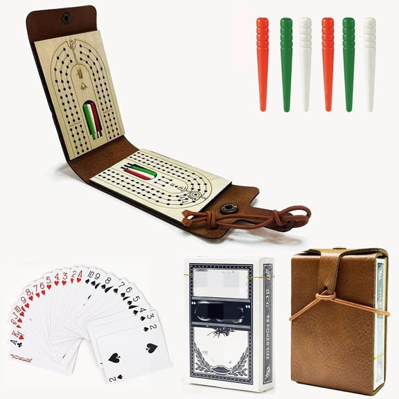 Kribbage Card Game Board Set, Leather and Wood Triple-Track Card Board with Cards and Pegs, Portable Compact Tabletop Game for Adults and Families, Game Night and Travel