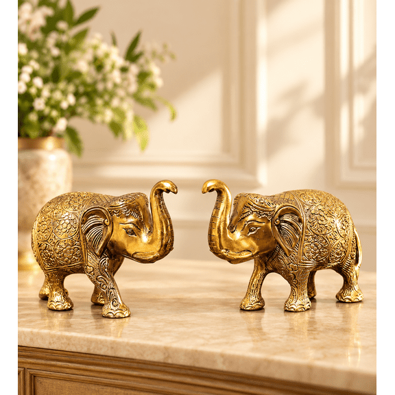 KridayKraft Metal Elephant Statue Medium Size Gold Polish 2 pcs Set for Showpiece Your Home,Office Table & Gift Article,Animal Decorative Showpiece Figurines..., Animal