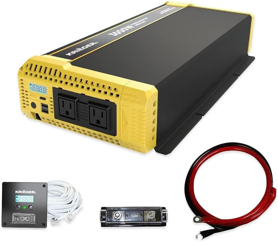 Krieger 1100W Pure Sine Wave Inverter 12V DC to 120V AC Converter for Home, RV, Truck, Off-Grid Solar Power Inverter 12V to 110V with Built-in 5V/2.1A USB Port, AC Hardwire Port, Remote Controller