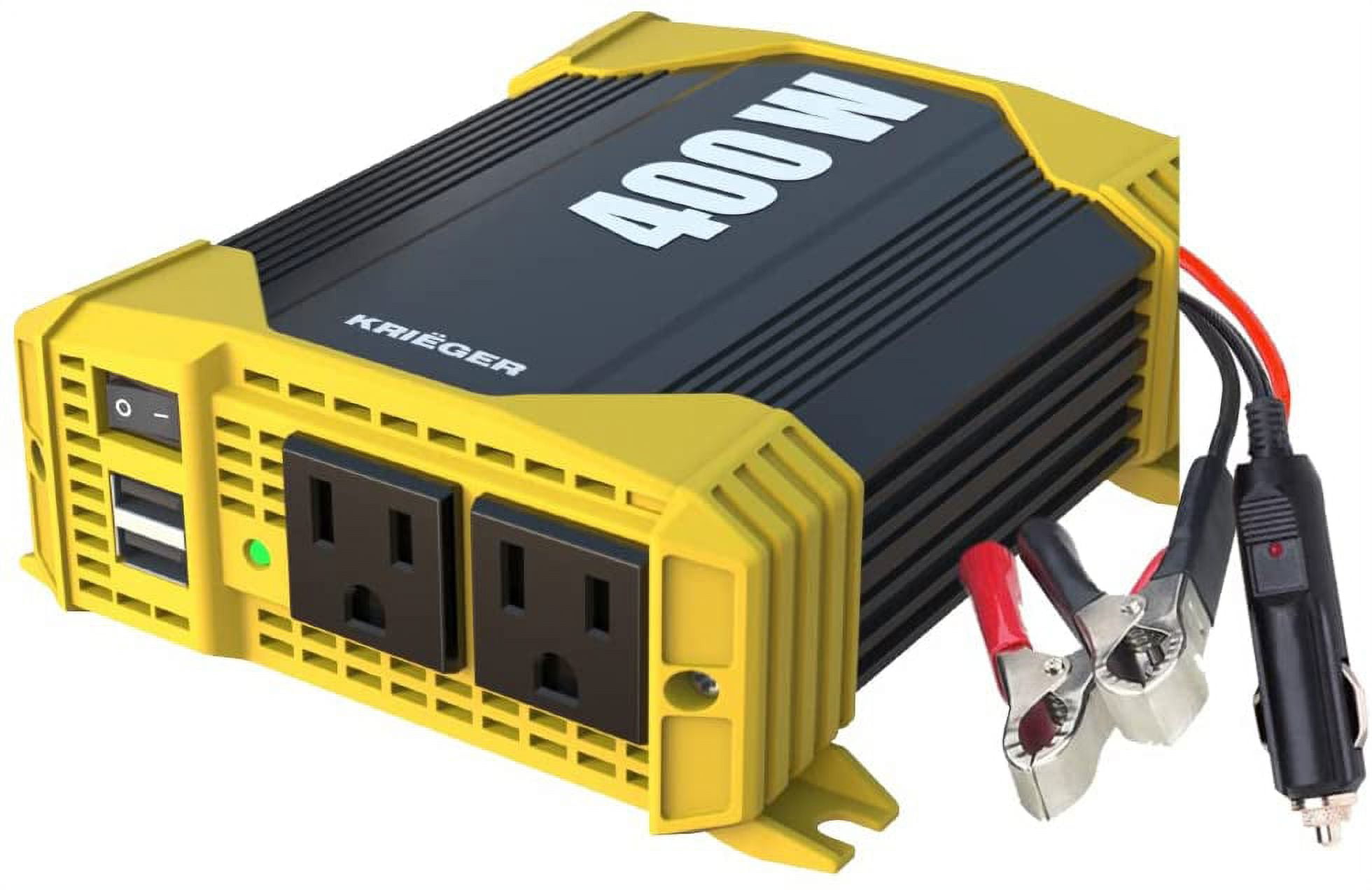 Krieger 400 Watt 12V DC to 110V AC Car Power Inverter, Modified Sine Wave,  2 Outlets, 2 USB Ports, Cigarette Lighter Plug & Clamps - ETL Approved  Under UL STD 458