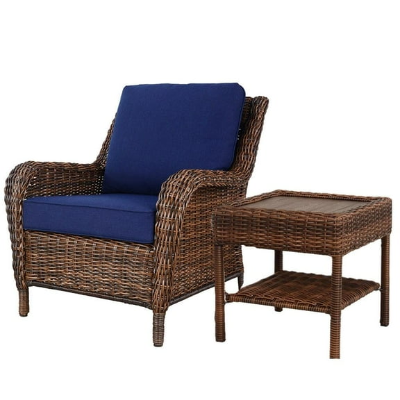 Krikacy Wicker Patio Armchair with End table, All-Weather HDPE Frame, Thick Cushions, Navy Blue