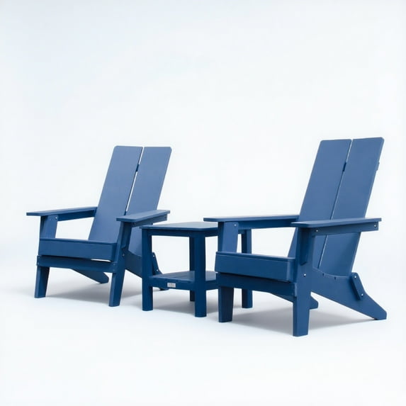 Krikacy 3-PCS Adirondack Chair Set, Folding High-Back Outdoor Chairs with Cup Holders,Navy