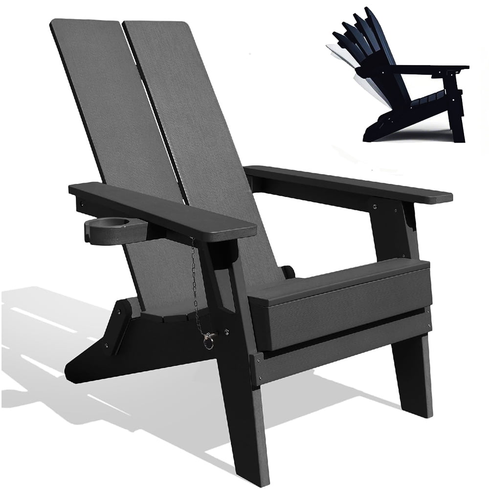 Krikacy Folding Adirondack Chair with Cup Holder HIPS Plastic Outdoor Lounge for Patio Fire Pit Front Porch,380 LBS Black,Weather Resistant,Oversized,Recyclable