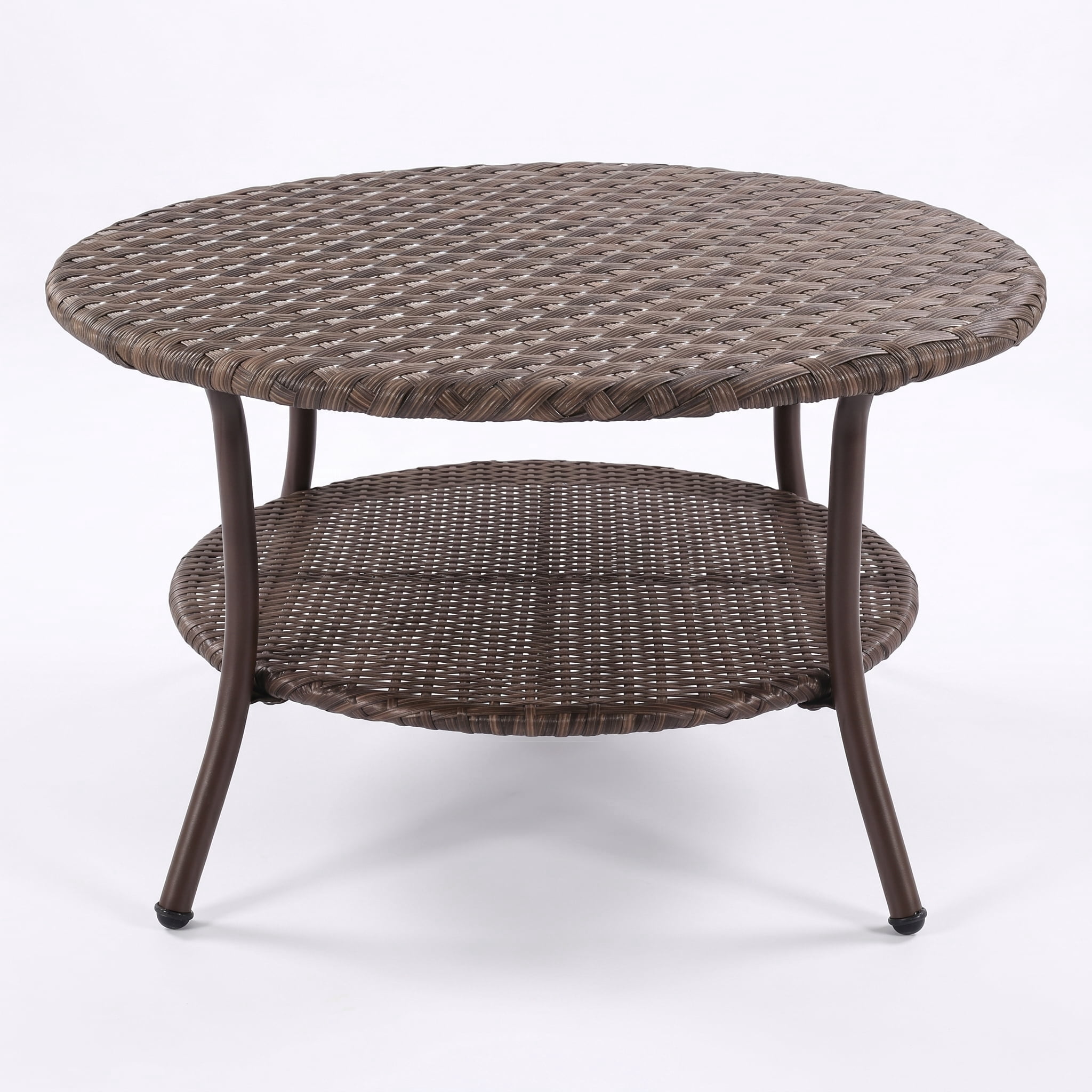 Krikacy Outdoor Wicker Round Coffee Table, All-Weather 2-Tier Patio Side Table w/Storage, Brown