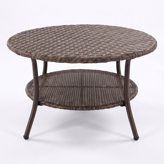 Krikacy Outdoor Wicker Round Coffee Table, All-Weather 2-Tier Patio Side Table w/Storage, Brown