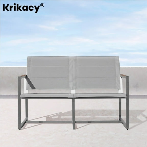 Krikacy Stainless Steel Teak Outdoor Loveseat, All Weather Patio Furniture for Porch, Silver