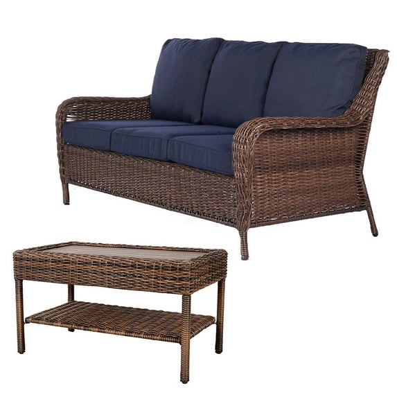 Krikacy Three-Seat Sofa With Coffee Table, All-Weather HDPE Hand-Woven Rattan for Patio Deck,Blue