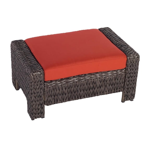 Krikacy Outdoor Wicker Ottoman, All-Weather HDPE Rattan Frame with Thick Foot Cushion, Orange