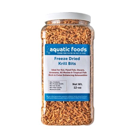Krill Bits --Freeze Dried Floating Arctic Krill Bits, High in Natural Astaxanthin for Color for All Tropical Fish, Koi, Turtles, Reptiles, Rodents, Cats…12oz Lg Jar