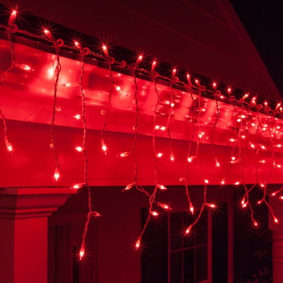 Kringle Traditions 150 Light Red Mini Icicle Light Set, White Wire, End Connecting, 9’