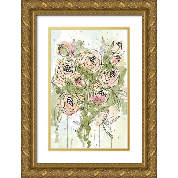 Krinlox 10x14 Gold Ornate Wood Framed with Double Matting Museum Art Print Titled - Blush and Green Floral