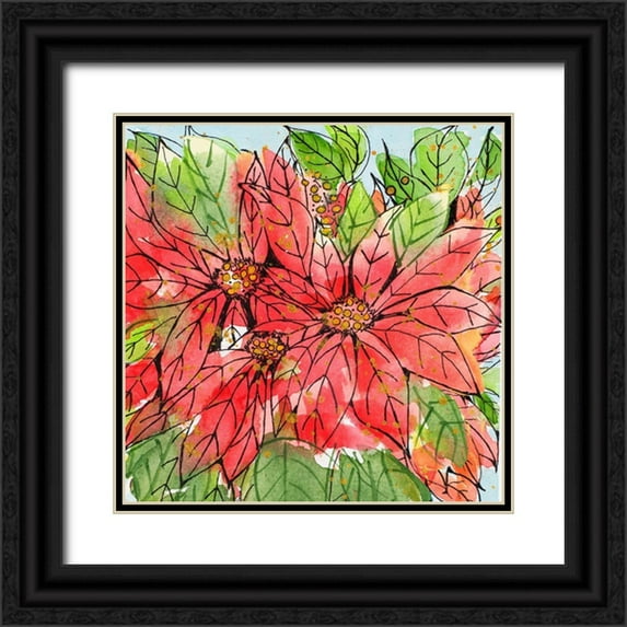 Krinlox 12x12 Black Ornate Wood Framed with Double Matting Museum Art Print Titled - Vibrant Poinsettias II