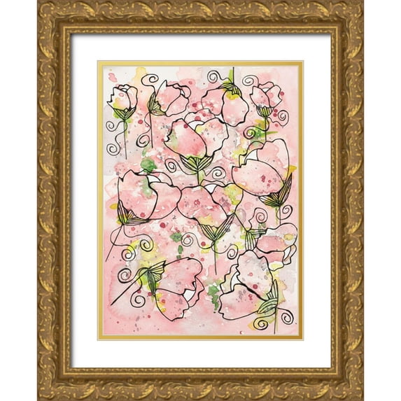 Krinlox 24x32 Gold Ornate Wood Framed with Double Matting Museum Art Print Titled - Pretty Pink and Peppy