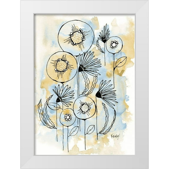 Krinlox 24x32 White Modern Wood Framed Museum Art Print Titled - Yellow and Blue Blooms I