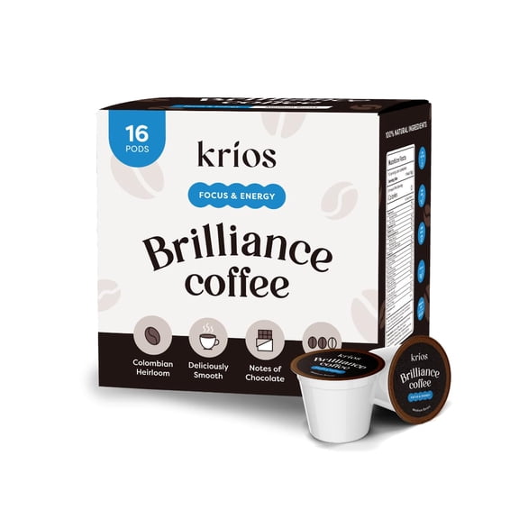Krios Coffee Brilliance Coffee Pods, Enhance Energy & Focus with Essential Vitamins, L-Theanine, Bacopa Monnieri & Rhodiola Rosea, Medium Roast, Smooth, 16 Ct