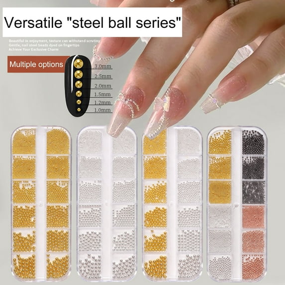Kripyery 1 Box Nail Steel Balls Three-dimensional Shining Gloss DIY Mixed Sizes 12 Grids Round Steel Balls Nail Art Decorations for Nail Salon