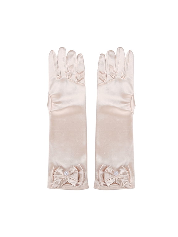 1 Pair Children Performance Gloves Faux Pearl Bow Decor Solid Color Full Fingers Satin Flower Girls Gloves Princess Style Cosplay Gloves