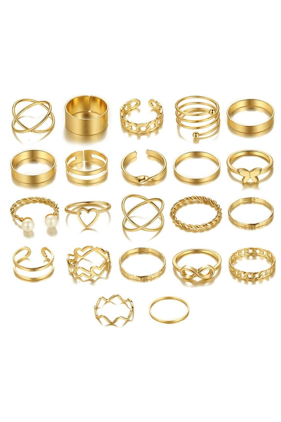 22Pcs/Set Women Rings High Gloss Polished Hypoallergenic Assorted Alloy Gift Fashion Jewelry Hollow Love Heart Finger Opening Rings for Party