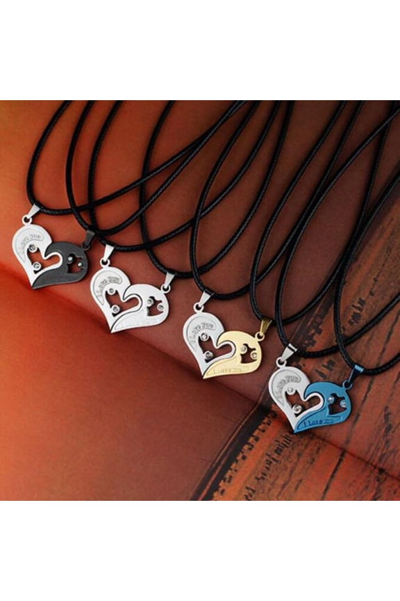 2Pcs Heart Pendant Simple Titanium Steel Love Rhinestone Couple Clavicle Necklace for Valentine Day