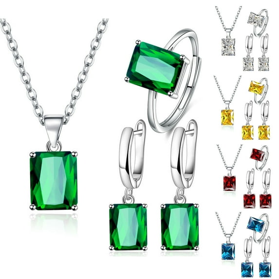 Kripyery 4Pcs/Set Finger Ring Rectangle Shape Shiny Charming Cubic Zirconia Vintage Pendant Dress Up Anti-rust Women Luxury Rhinestone Necklace Hoop Earrings Jewelry Accessory