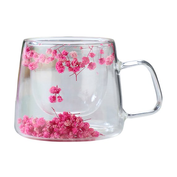 Kripyery 6.76oz Double Walled Glass Cups with Real Dried Flowers Heat Resistant Clear Coffee Mugs Floral Design Tea Cups for Elegant Sipping