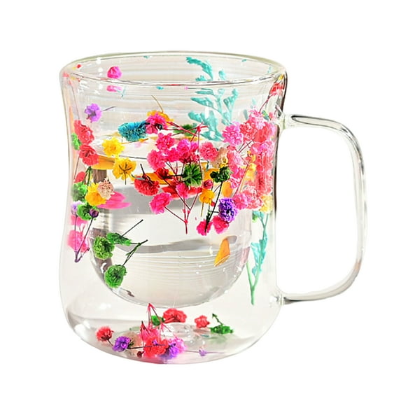 Kripyery 7.44oz/10.14oz Double Walled Glass Cups with Insulated Handle Clear Glass Coffee Mugs Heat Resistant Floral Design Drinking Mug for Tea