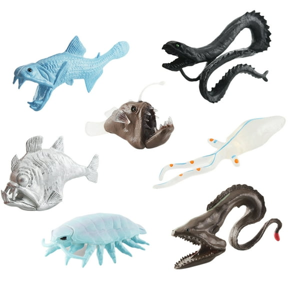 Kripyery 7Pcs Sea Animal Models Simulated Gulper Eel Anglerfish Squid Hatchet Fish Mini Figurine Early Learning Educational Toy Ocean Animal Set Fish Tank Ornament Children Gift