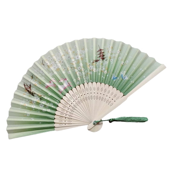 Kripyery Chinese Style Folding Hand Fan Women Vintage Bamboo Imitation Silk Handheld Fan with Flower Pattern And Tassel for Church Decoration Dance Party Gift Wall Decor