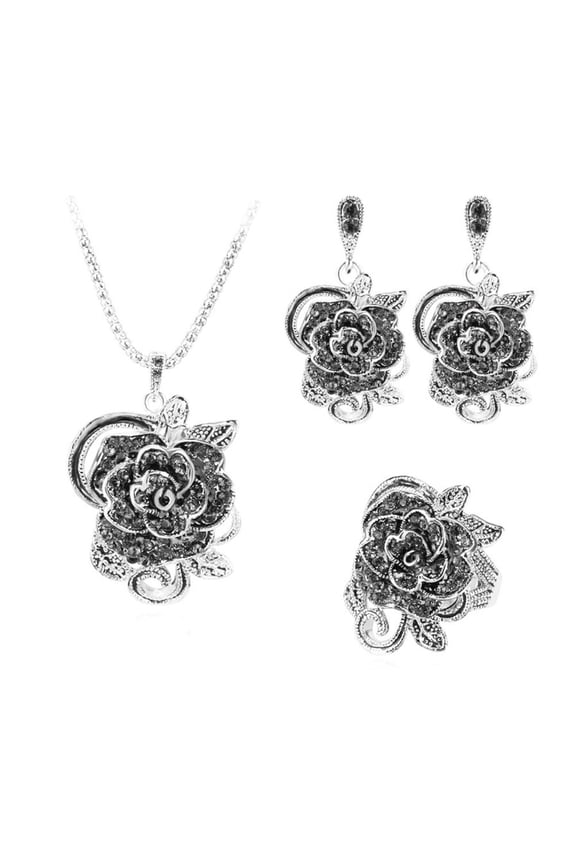 Fashion Rose Flower Pendant Necklace Earrings Finger Ring Lady Party Jewelry Set