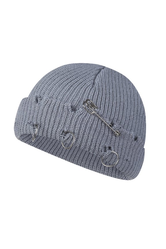 Knitted Hat Hip Hop Ripped Flanging Metal Ring Solid Color Keep Warm Woolen Yarn Autumn Winter Women Beanie Cap for Outdoor