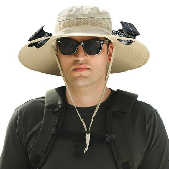 Kripyery Men Fisherman Hat with 2 Solar Fan, Large Brim Windproof Strap, USB Charging Anti-UV Sunlight Protection, Quick Dry Great Breathability Outdoor Fishing Camping Travel Cap