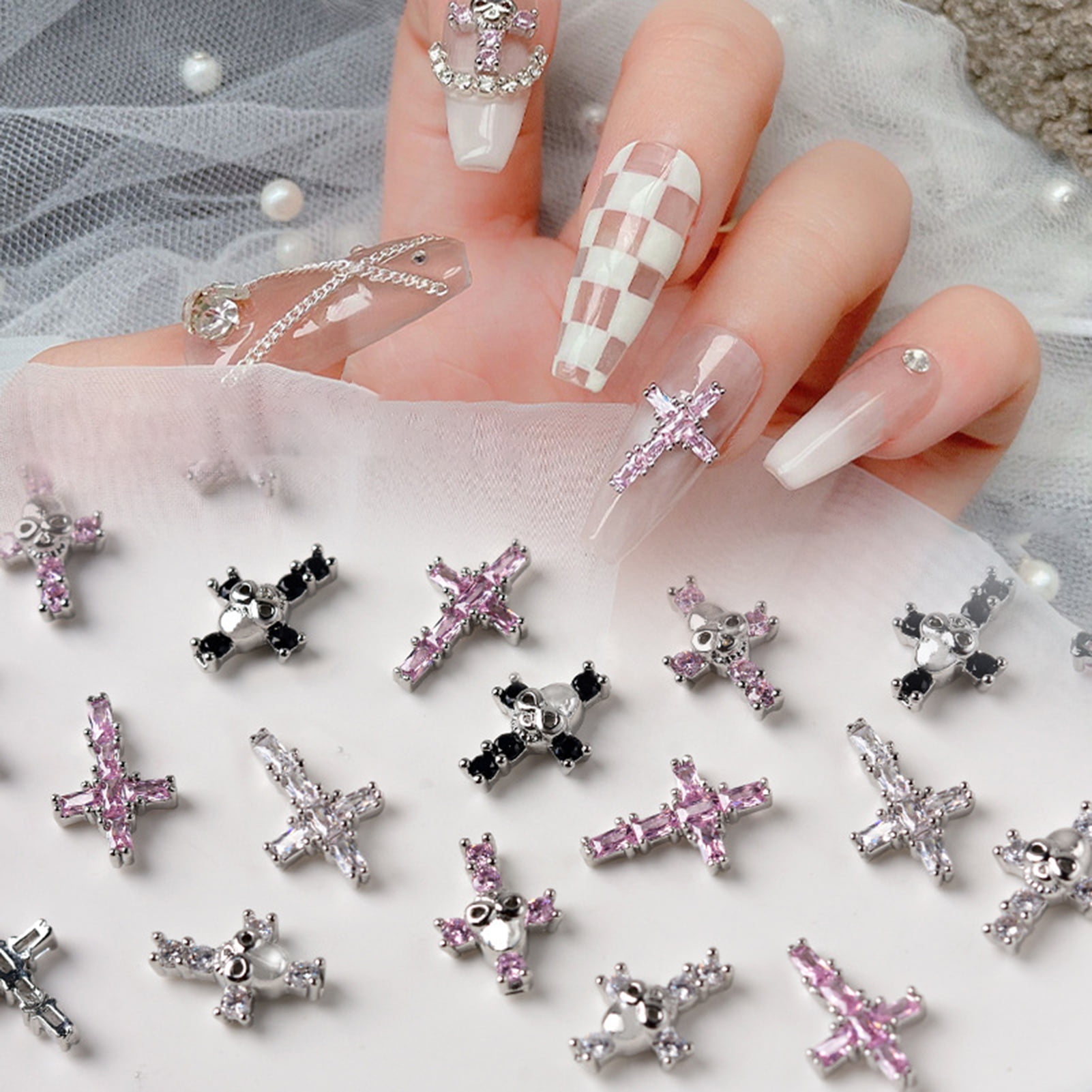 Daily Charme Nail Art Nail Charms Set Metallic Silver Chrome Crosses Icons