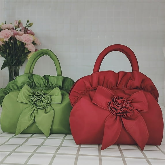 Kripyery Top-handle Bag Ruched Bow Portable Smooth Zipper Coin Bag for Party Gathering Wedding Banquet