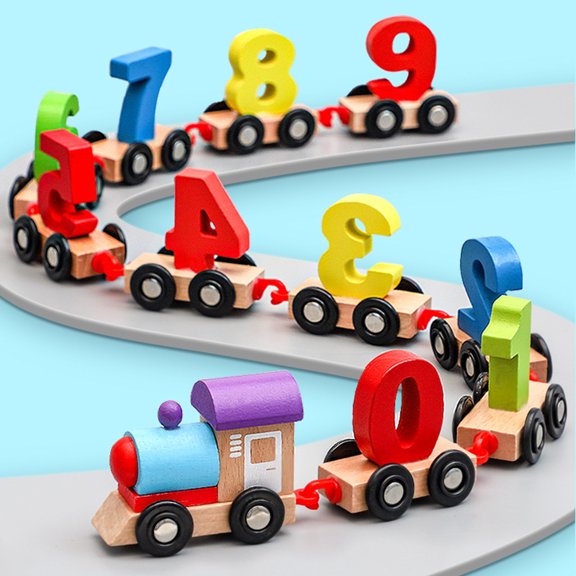 Kripyery Train Toy Ten Carriages Detachable Educational Cartoon Number Wooden Train Toy for Education