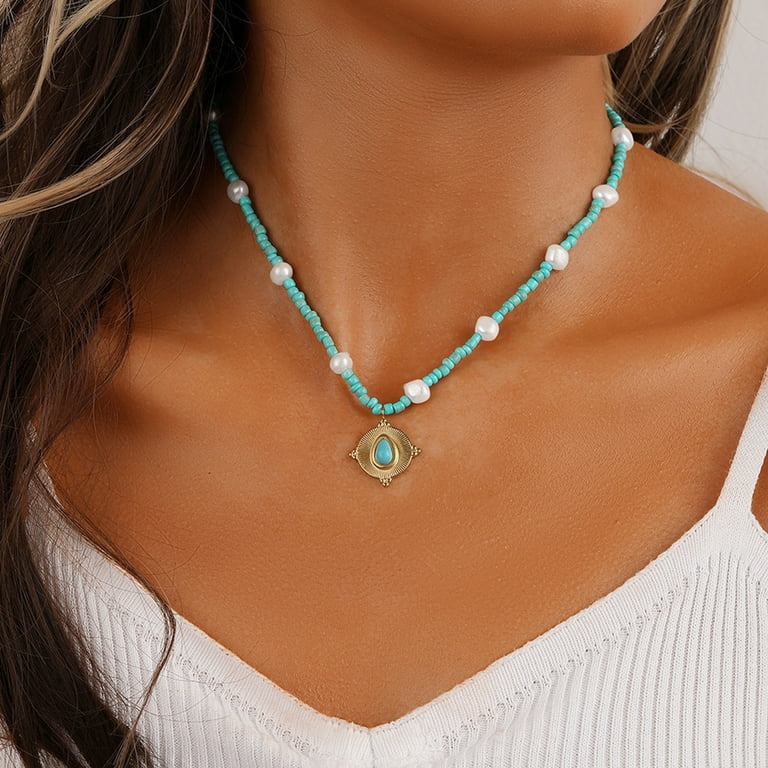 Kripyery Turquoise Necklace Wild Stylish Adjustable Elegant Everyday Wear Stainless Steel Vintage Crushed Turquoise Necklace for Women