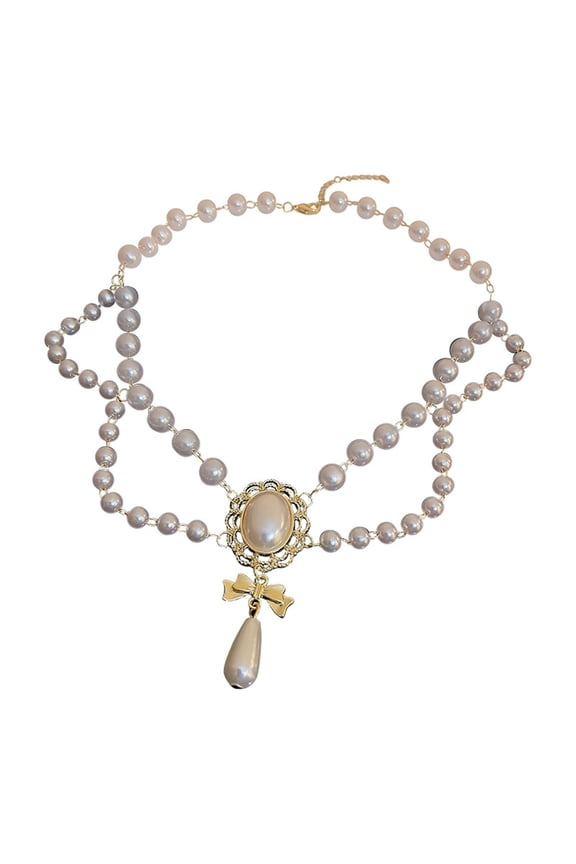 Women Faux Pearl Necklace Hollow Out Bow Decor - Collar Choker Necklace Vintage Baroque Style Double Layers Adjustable Length, Luxury Bride Wedding Neck Jewelry