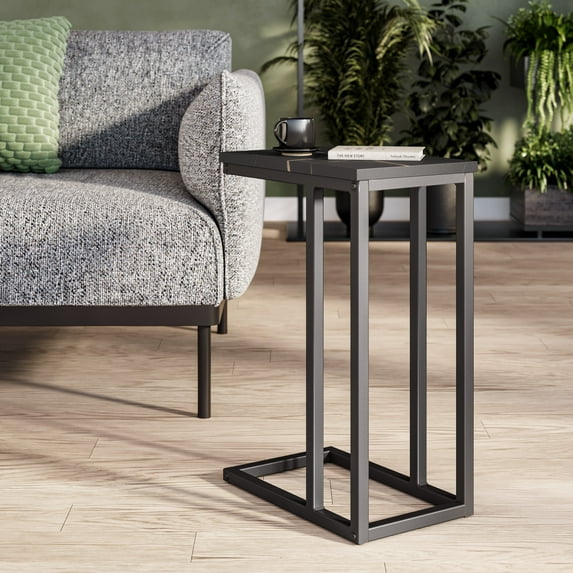 Kris & Ally Modena Black Marbled Engineered Wood Top Contemporary Narrow C-Shaped Indoor Side Table with Steel Base