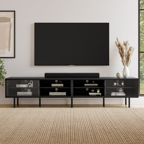 Kris & Alley Pictura Ravenwood Black Modular Engineered Wood 8 Shelf Double TV Stand for TVs up to 110 in with Sliding Glass Doors