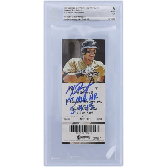 Kris Bryant Chicago Cubs Autographed Ticket with "1st MLB HR 5/9/15" Inscription - BAS Authenticated Graded 10 - Fanatics Authentic Certified