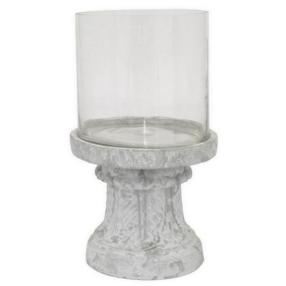 Kris Candle Holder, Hurricane Glass Top, White Gray Ceramic 14 Inch