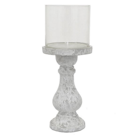 Kris Candle Holder with Hurricane Glass Top, White Gray Ceramic 7 Inch