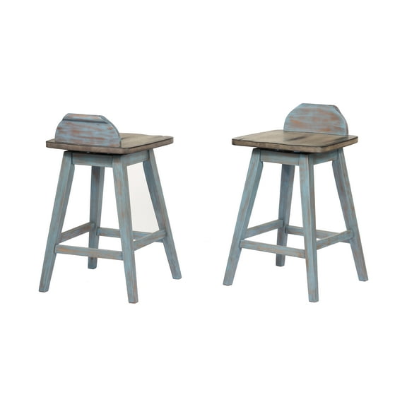 Kris Kitchen Dinette Swivel Bar Stools, Distressed Gray & Washed Blue Wood, Farmhouse, 28.5"H (Set Of 2)