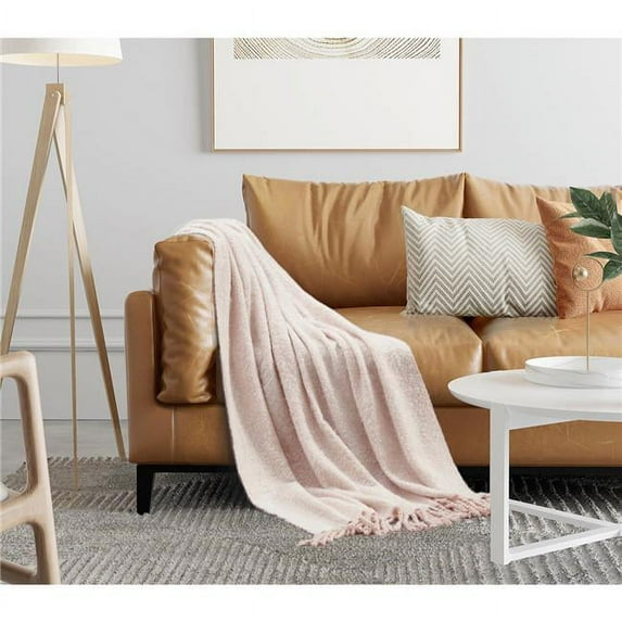Krish Blush Acrylic 50x60 Inches Faux Mohair Tassels Knit Throw Blanket