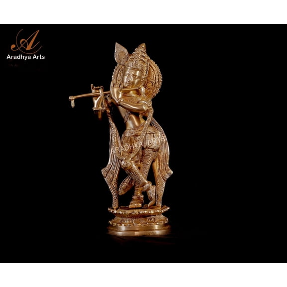 Aradhya Art Flute Playing Krishan made in Brass Height  28 CM for Temple  Home Décor office and Gifts