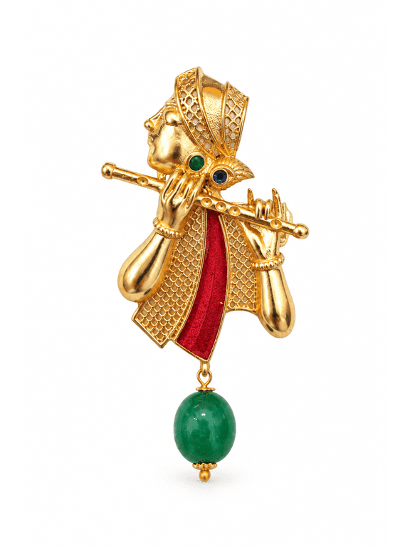 Krishna Flute Brooch for Men & Women, Gold Plated Brass Bansuri Brooch with Green Bead Drop