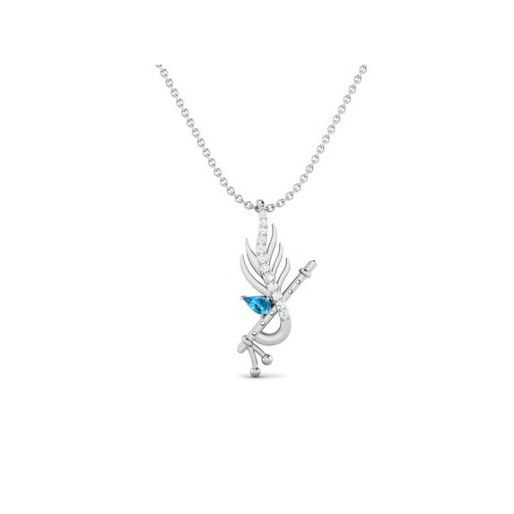 Krishna Flute Leaf 925 Sterling Silver 5x3mm Pear Swiss Blue Topaz Religious Necklace