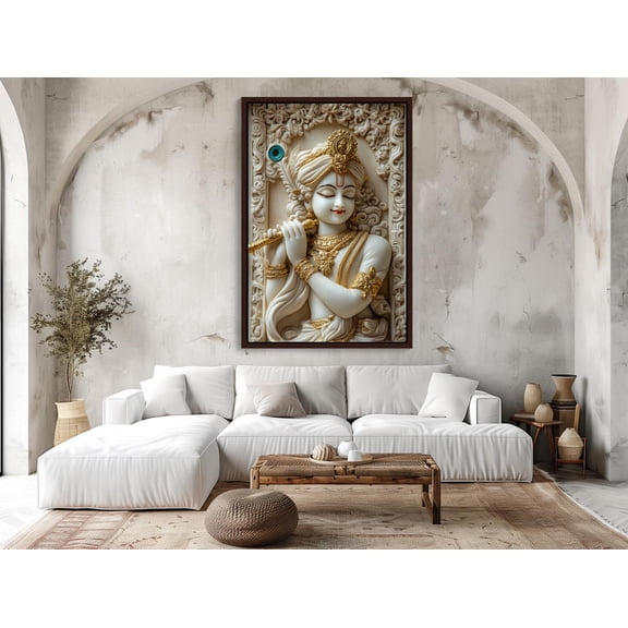 Krishna Gypsum White Statue 3D Illusion Canvas Print | White And Gold Indian Wall Art | Framed Hindu Spiritual Decor For Living Room, Temple, Unframed Poster Size 16x24