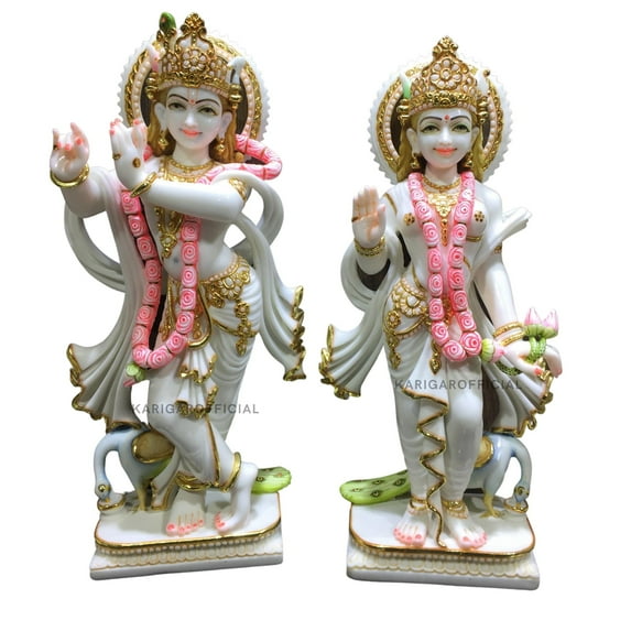 Krishna Statue, Gold Leaf Work Figurine, Large 24 inches White Marble Krishna idol, Hindu Divine Kanha Handpainted Murti, Home Temple Pooja Decoration , Religious Wedding Housewarming Gifts Sculpture